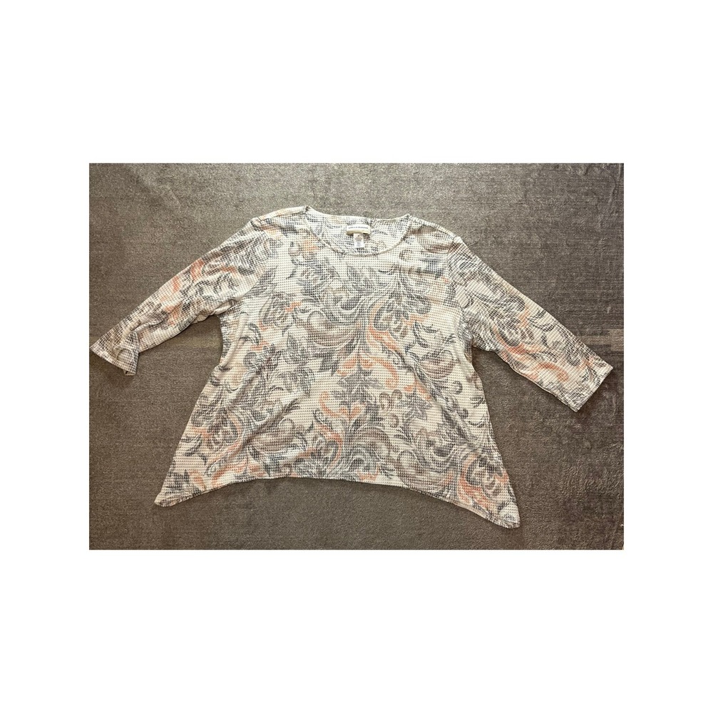 Alfred Dunner Woman 2X Waffle Knit Paisley Sharkbite Hem 3/4 Sleeve Top Boho